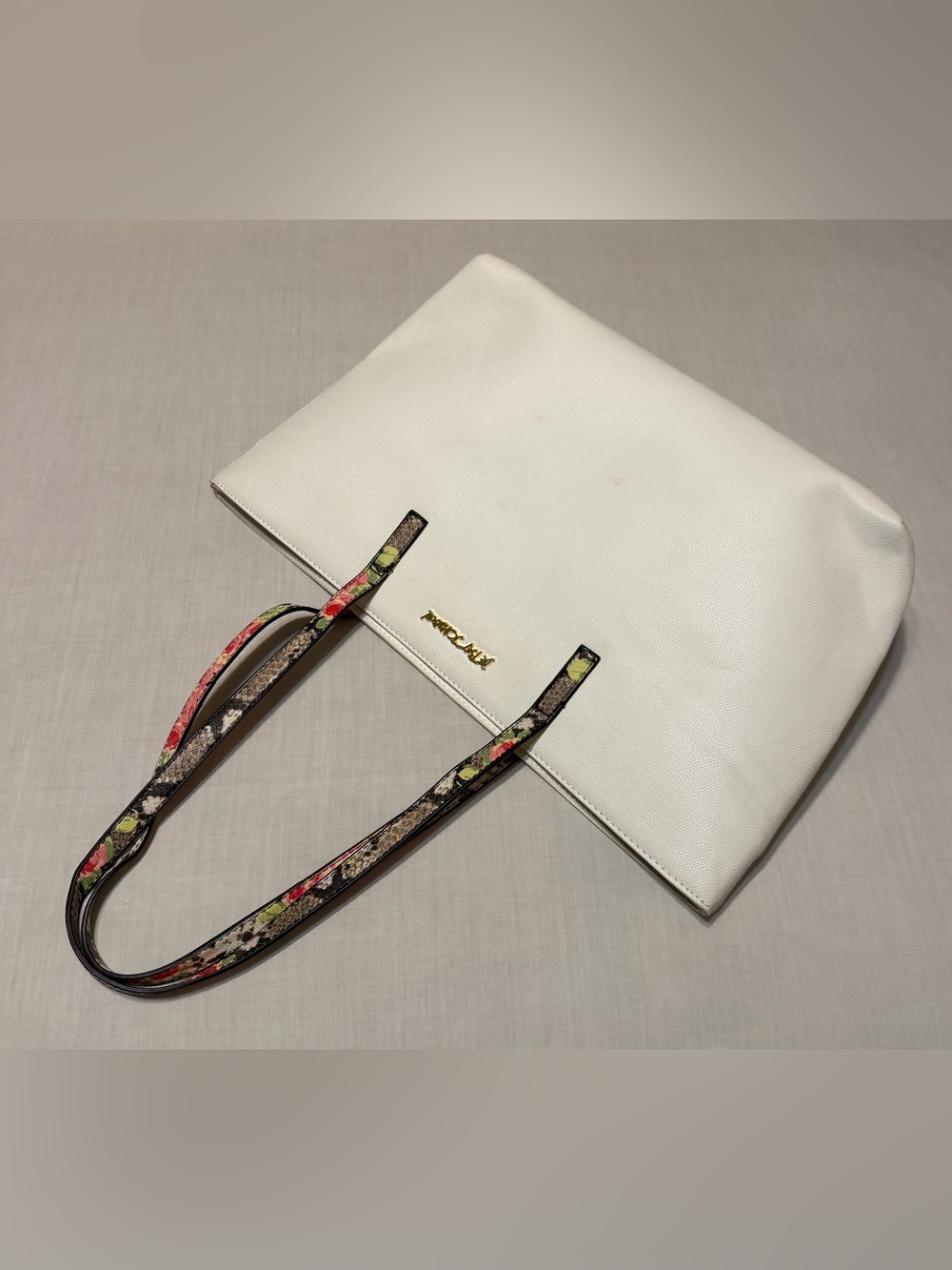 Betsey Johnson White Leather Tote with Floral Accent Shoulder Straps